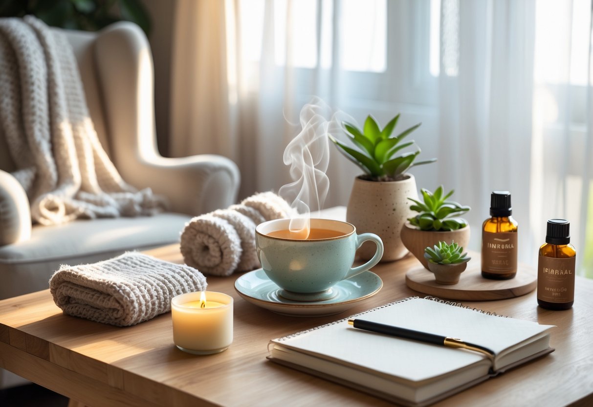 A cozy home scene with self-care gifts including candles, tea, a blanket, a journal, and essential oils arranged on a wooden table near a sunlit armchair.