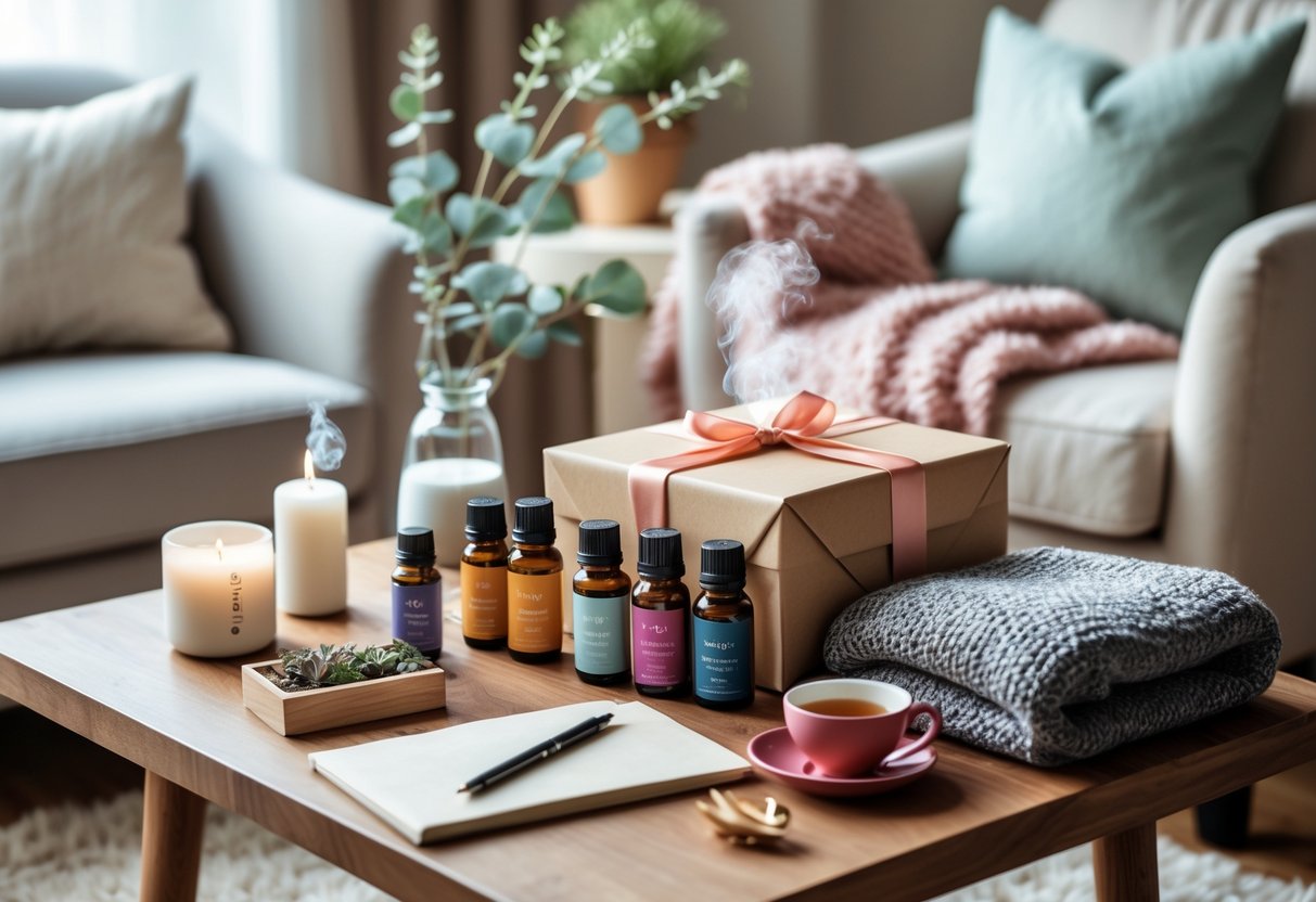 A cozy living space with a wooden table displaying aromatherapy items, candles, a diffuser, a wrapped gift box, a knitted blanket, and a journal, creating a calm and relaxing atmosphere.