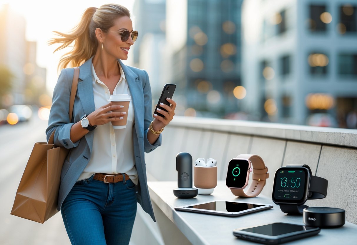 A busy mom walking outdoors while holding a smartphone and coffee cup, with tech gadgets like a smartwatch, earbuds, and tablet arranged nearby.