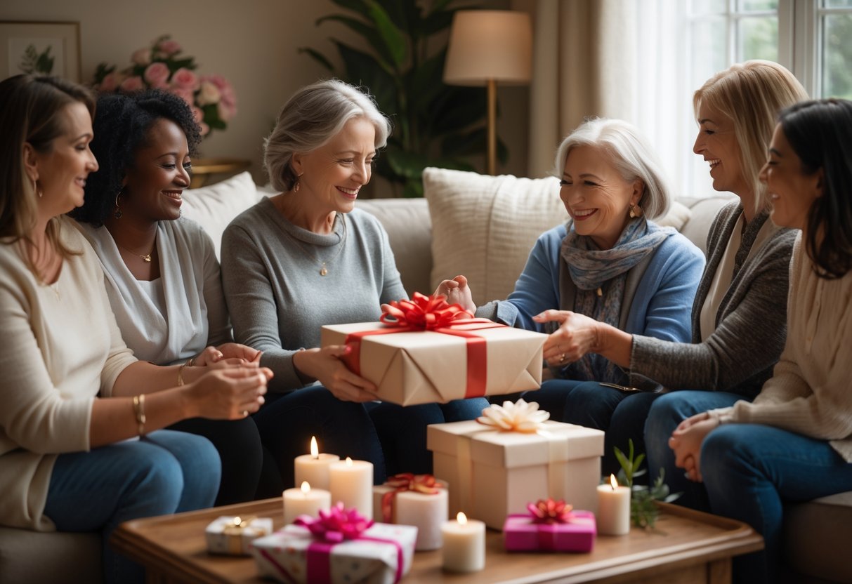 A group of women in a cozy living room sharing a moment as one woman receives a wrapped gift with smiles and warmth.