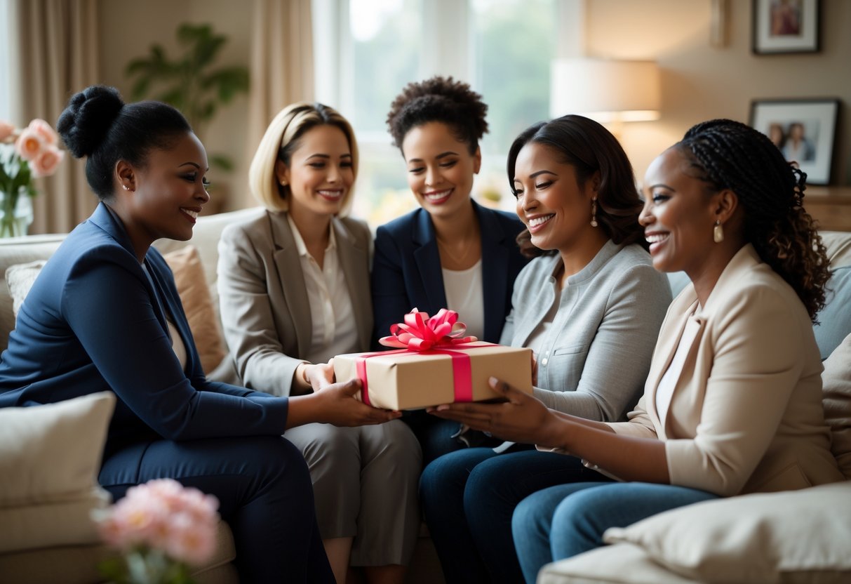 A group of women in a cozy living room, one woman receiving a heartfelt gift from another, both smiling warmly.