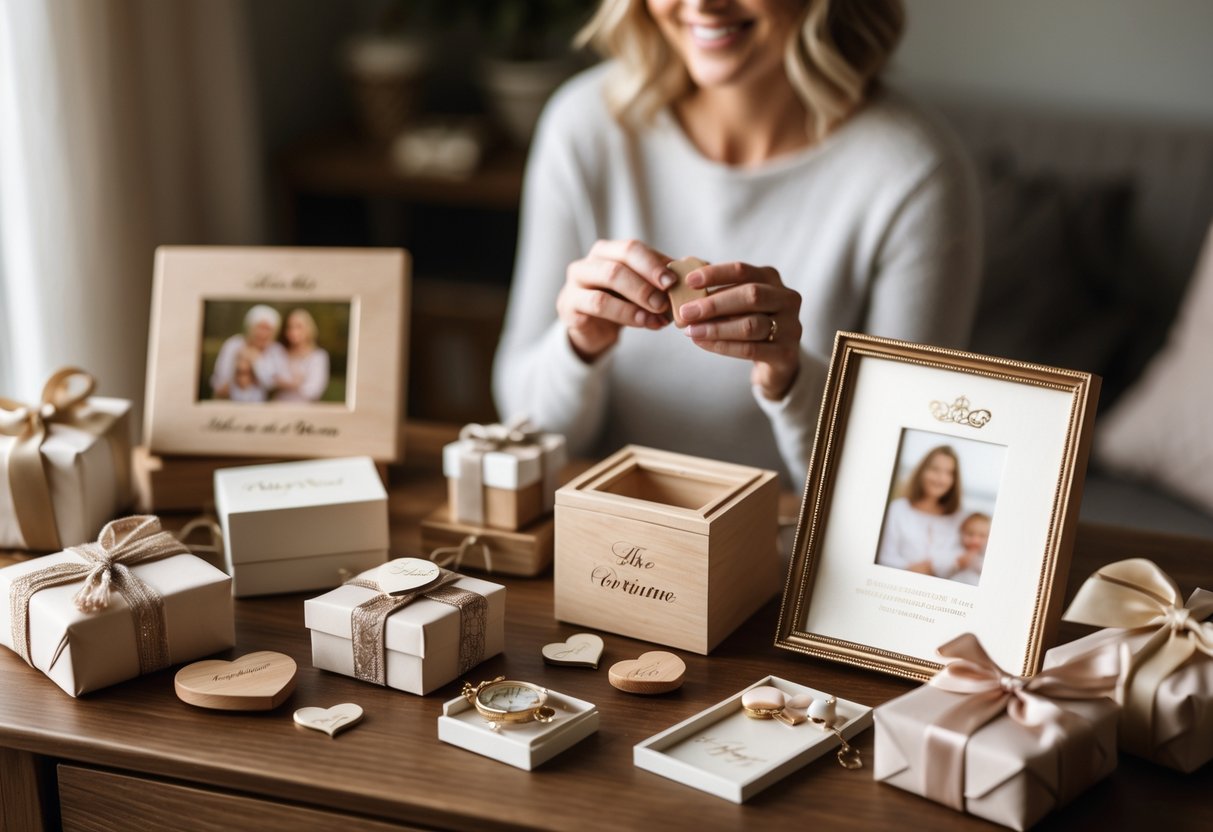 A collection of personalized keepsakes on a wooden table with a smiling woman holding a keepsake in the background.