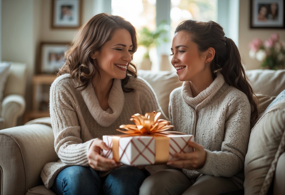 A woman receiving a heartfelt gift from a younger person in a cozy living room, both sharing a warm and joyful moment.