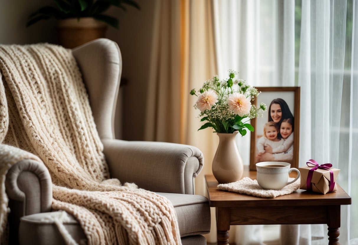 A cozy living room scene with a comfortable armchair, a side table holding gifts like a knit scarf, flowers, tea, and a wrapped present, softly lit by natural light with a framed photo of a woman hugging a child in the background.