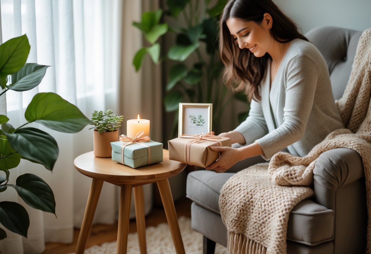A woman arranging thoughtful gifts on a wooden table in a cozy, well-lit home corner with plants and soft furnishings.