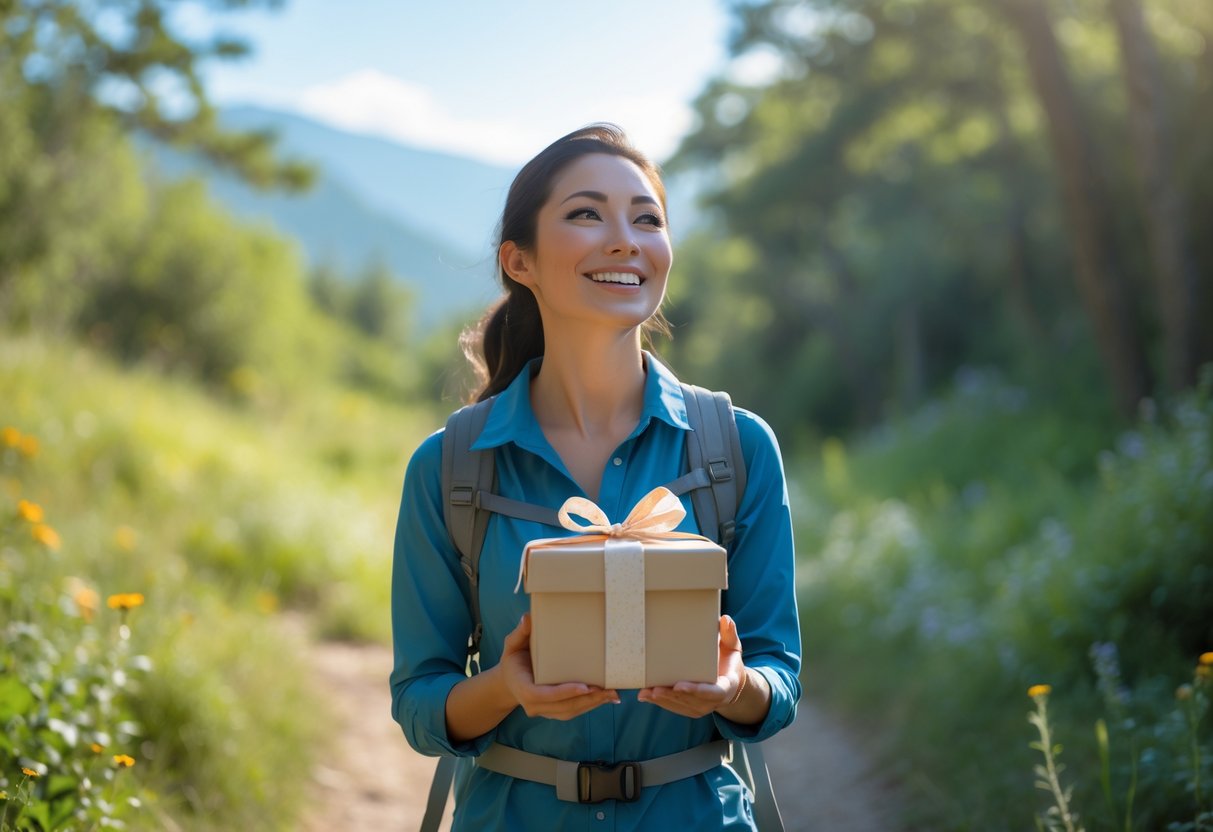 A woman outdoors on a scenic trail holding a wrapped gift, surrounded by greenery and sunlight, smiling with joy.