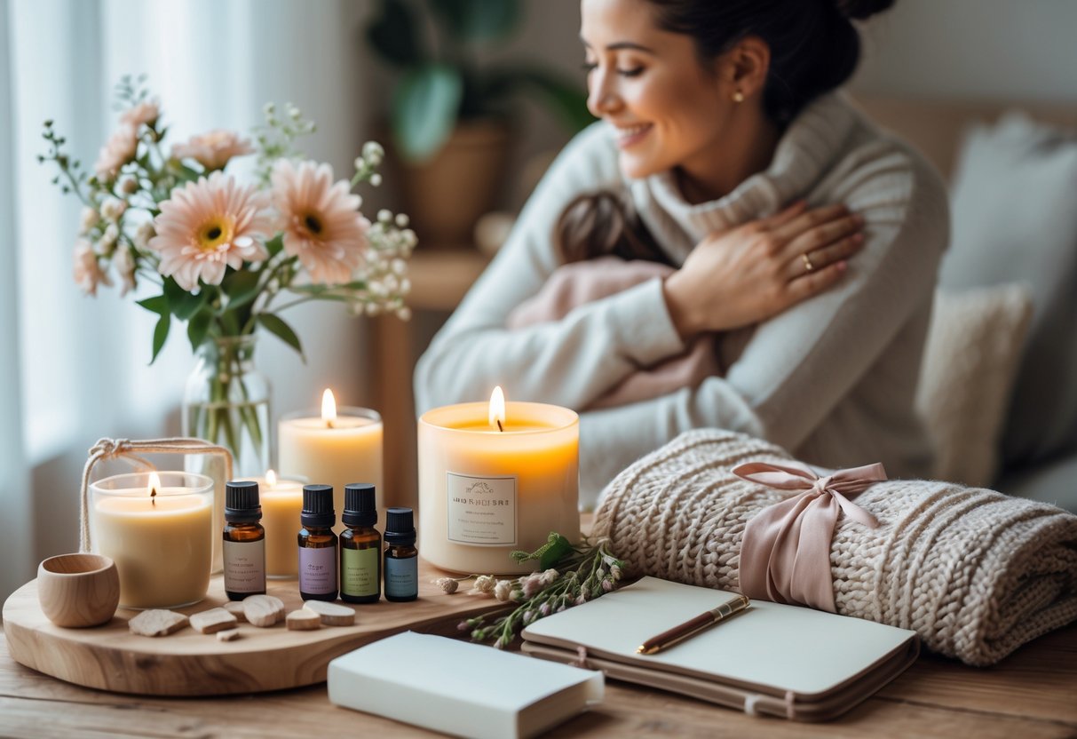 A woman smiling warmly while holding a gift, surrounded by wellness items like candles, essential oils, flowers, and a cozy blanket on a wooden table.