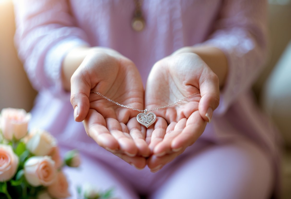 Close-up of a woman's hands holding a delicate heart-shaped necklace with soft natural light and flowers in the background.