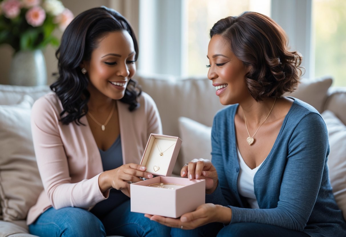 An adult woman giving a jewelry box to her stepmom, who is opening it with a surprised and happy expression in a cozy living room.