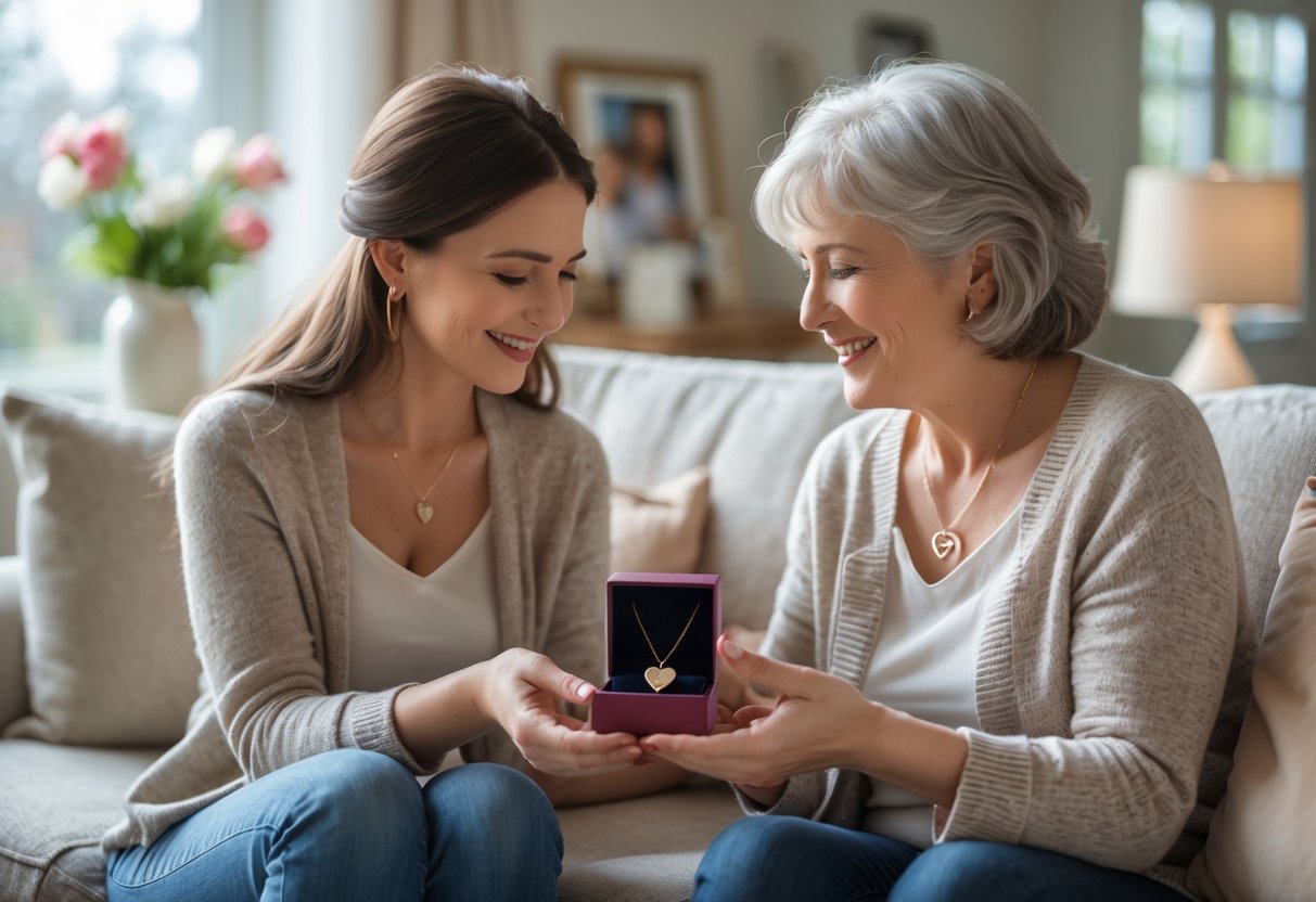 A younger woman giving a heart-shaped necklace to an older woman, both smiling warmly in a cozy living room.