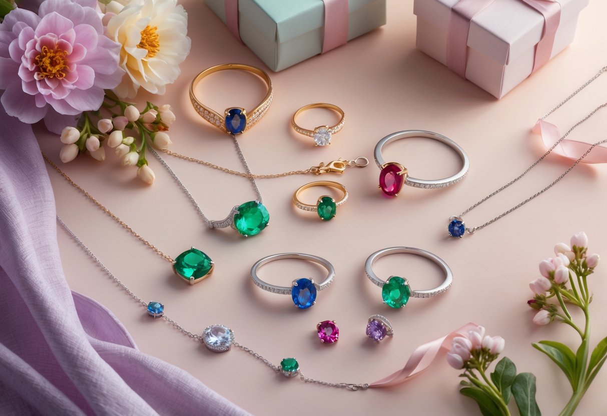 Close-up of assorted gemstone jewelry pieces arranged on a soft pastel background with flowers, symbolizing meaningful gifts for Mother's Day.