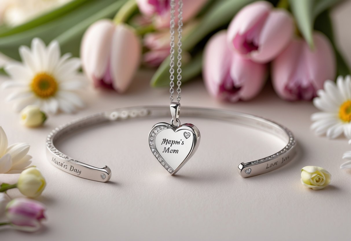 Close-up of heart-shaped jewelry pieces displayed with spring flowers on a soft background.