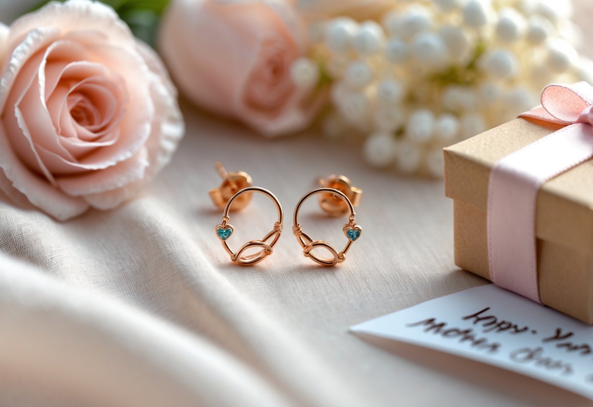 Close-up of a pair of elegant earrings displayed with flowers and a small gift box on a soft fabric background.