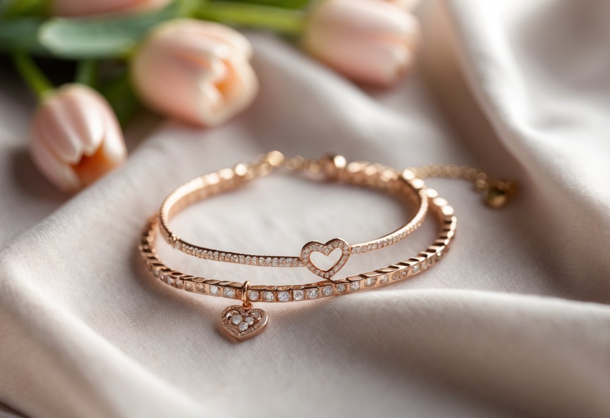 Two elegant bracelets placed closely together on a soft fabric with spring flowers blurred in the background.