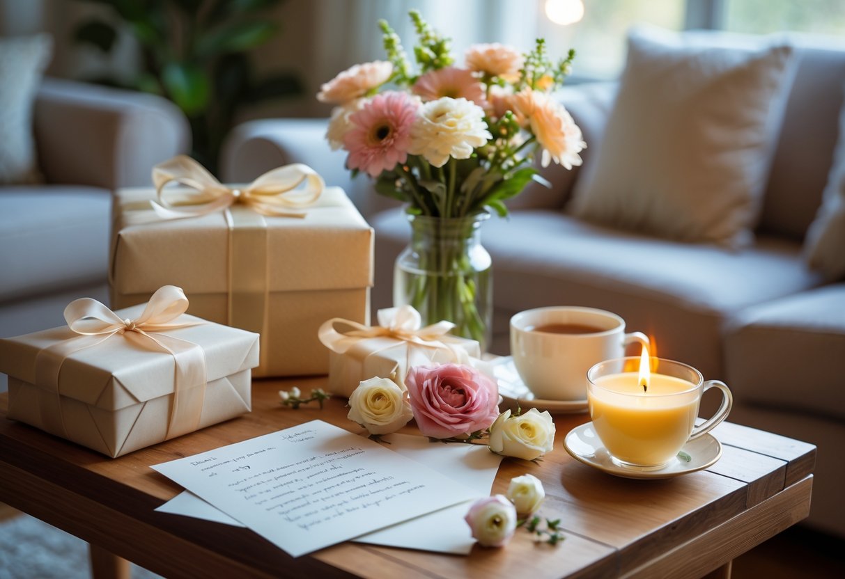 A table with wrapped gifts, fresh flowers, a handwritten letter, and a lit candle in a cozy room with natural light.