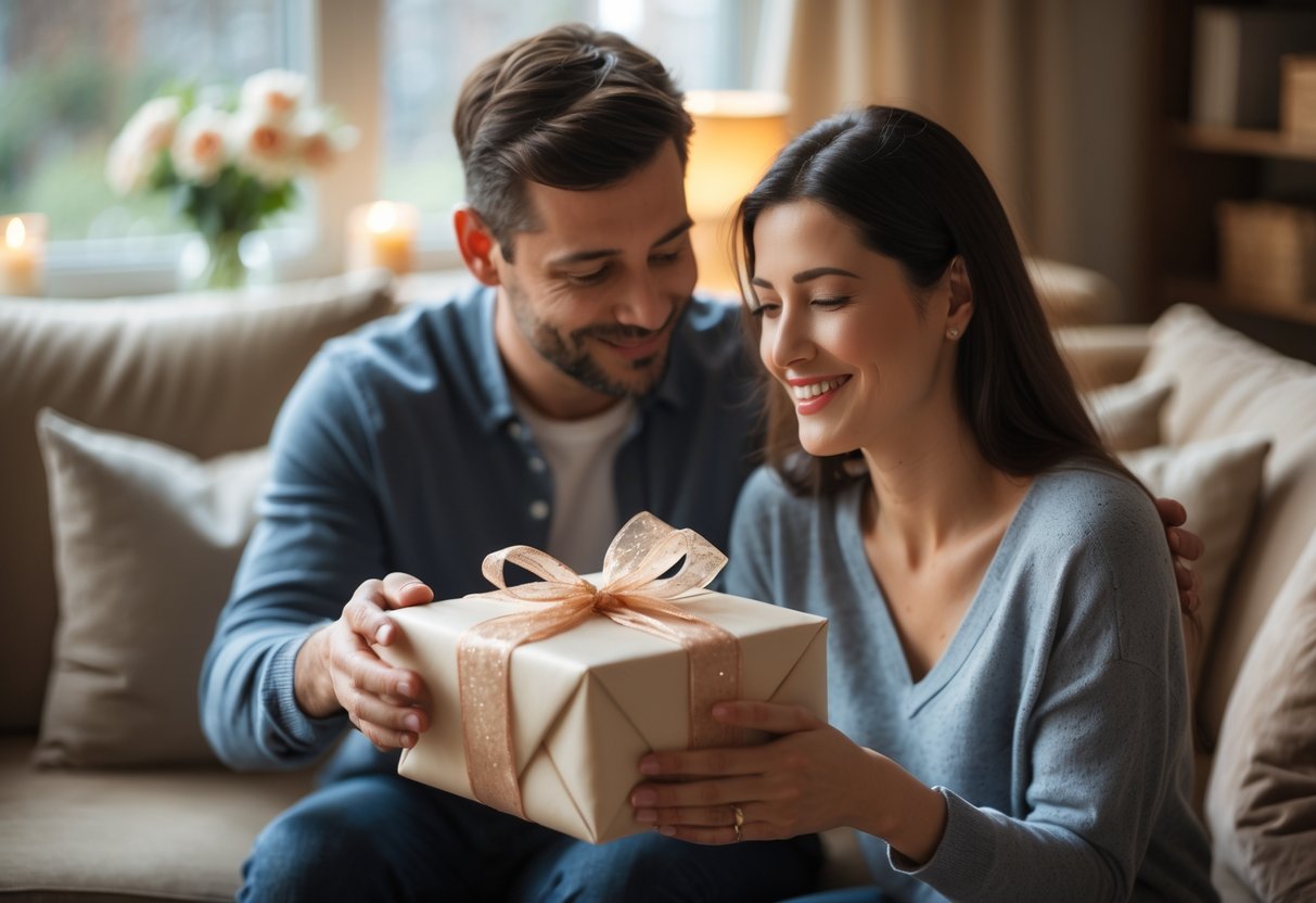 A man giving a wrapped gift to a smiling woman in a cozy living room, expressing appreciation and affection.