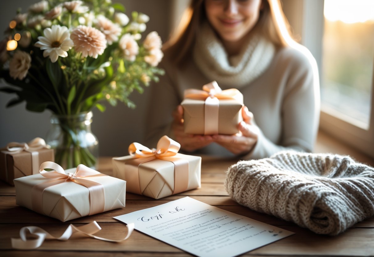 A woman holding a gift with a table displaying flowers, a wrapped present, a handwritten note, and a knitted scarf in soft natural light.