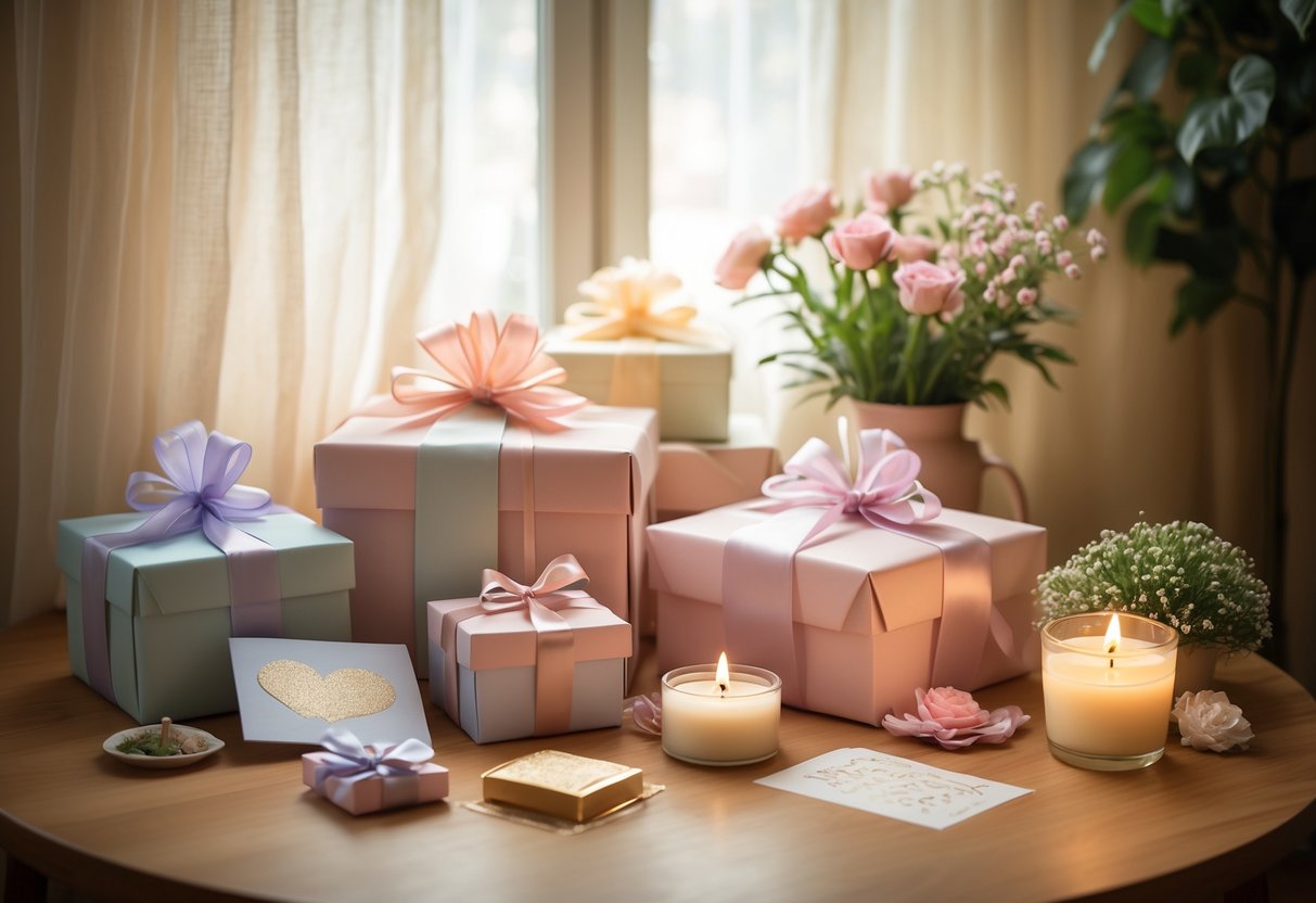 A cozy table with wrapped gifts, flowers, a candle, and a small plant arranged to show appreciation and care.