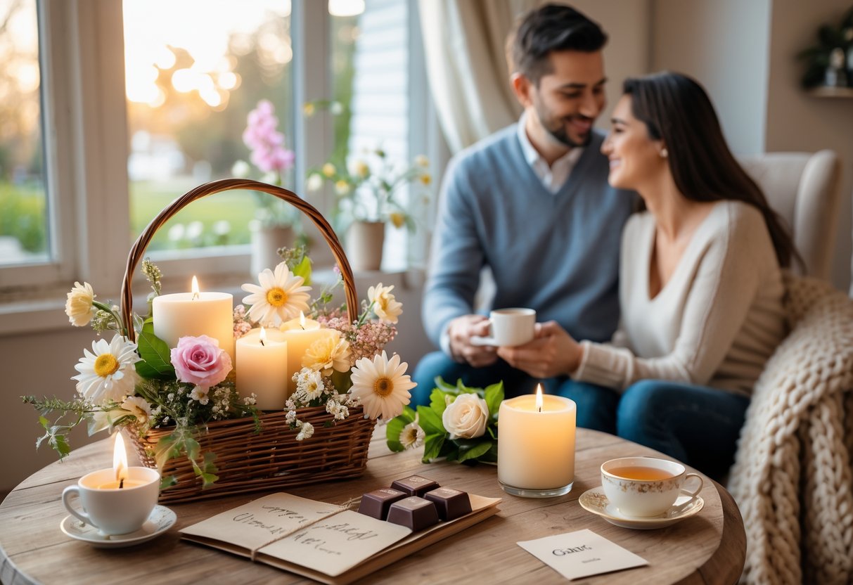 A couple sharing a tender moment as the man gives a gift basket with flowers, candles, and chocolates to the woman in a cozy home setting.