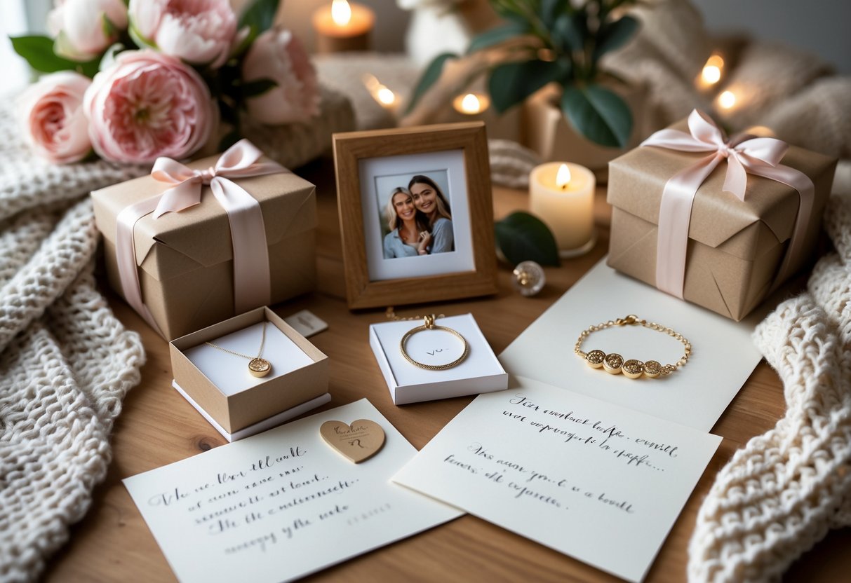 A collection of personalized gifts including wrapped boxes, a photo frame, engraved jewelry, and a handwritten note arranged on a wooden table with flowers and candles.