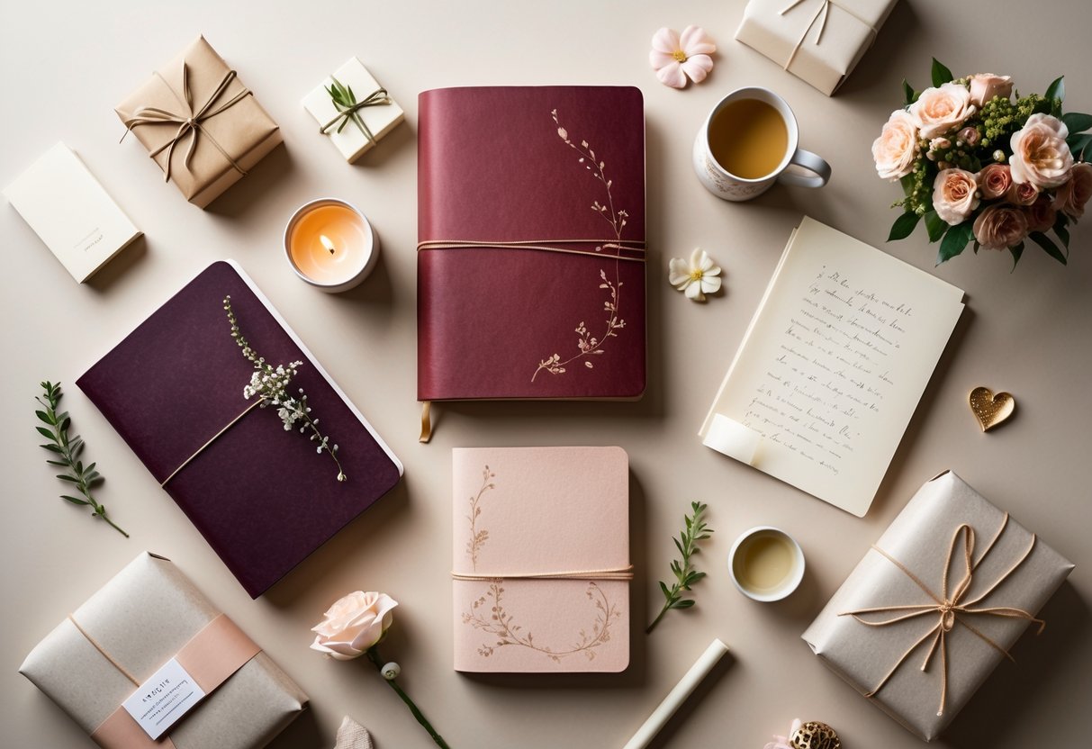 A flat lay of journals, wrapped gifts, a candle, flowers, and a cup of tea arranged on a soft background.