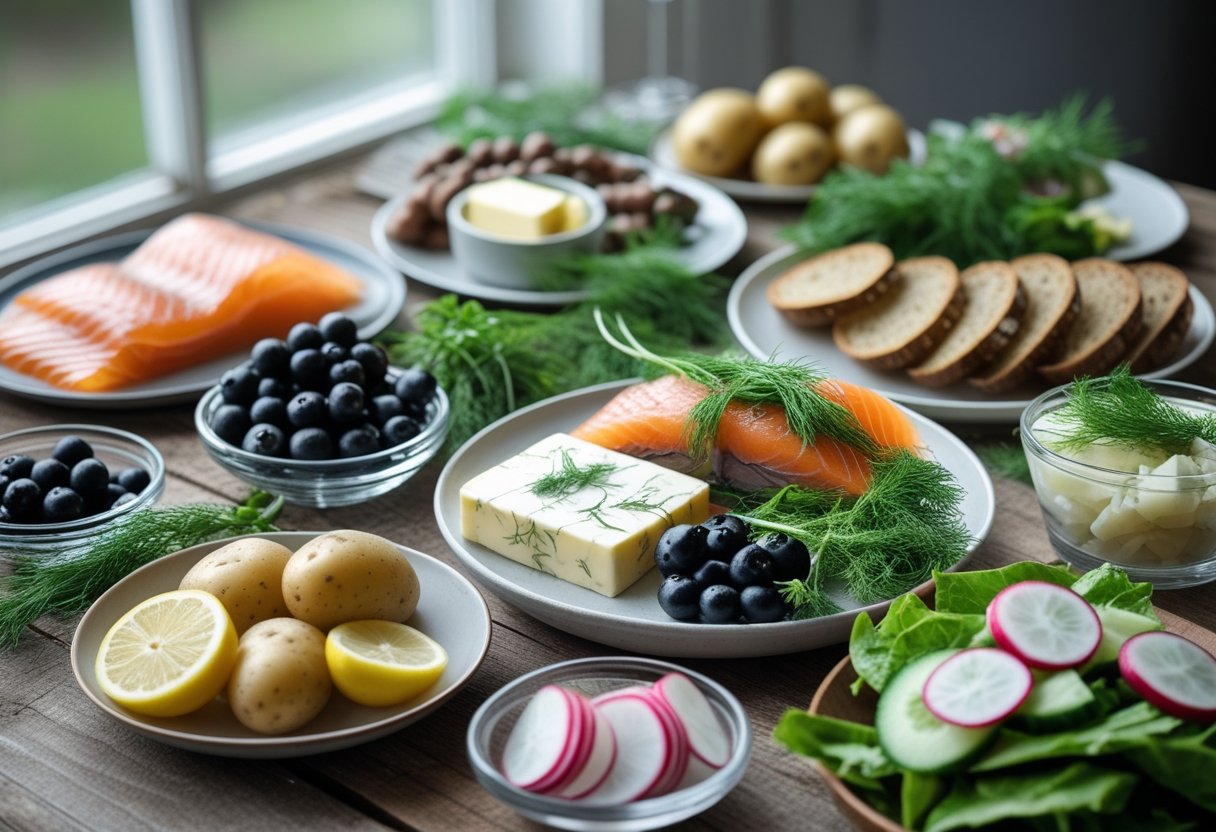 A table with traditional Nordic foods including smoked salmon, rye bread, pickled herring, fresh berries, boiled potatoes, and a green salad.