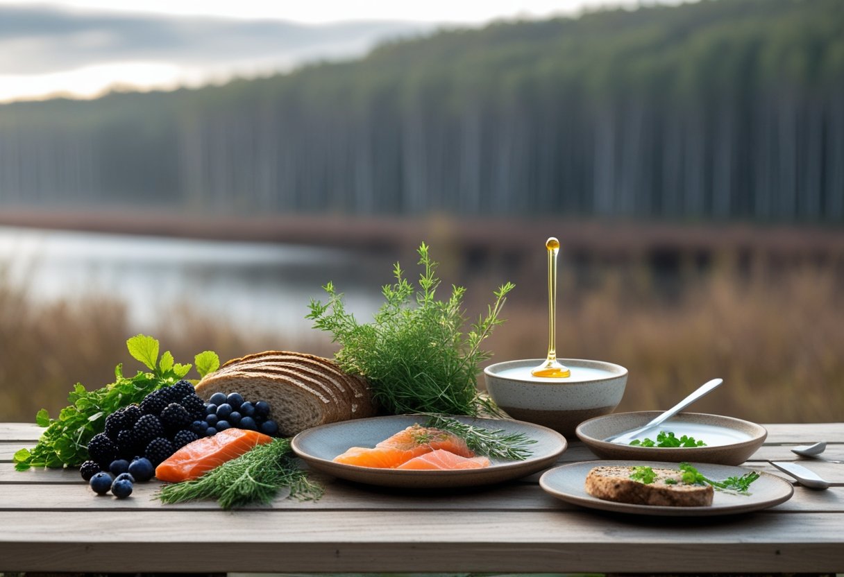 A wooden table outdoors with fresh Nordic food ingredients including berries, rye bread, smoked fish, and root vegetables, set against a blurred forest background.