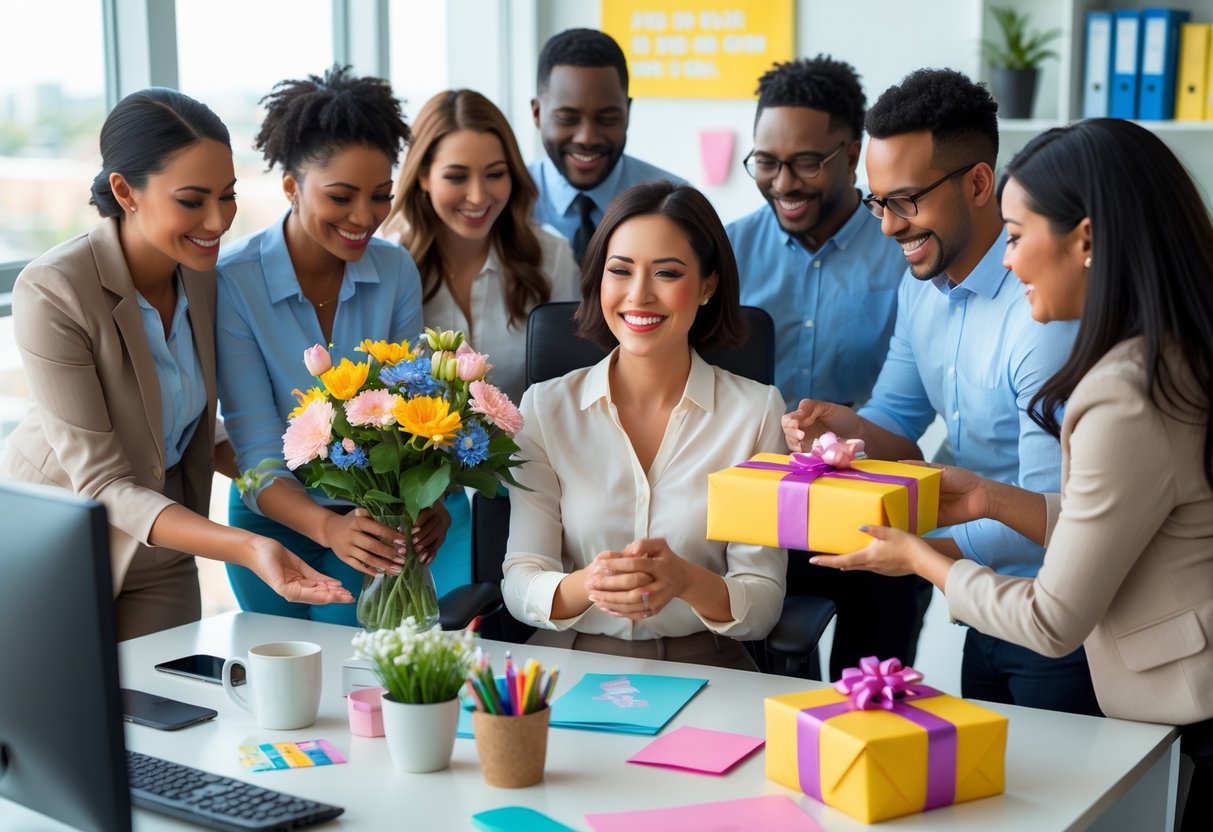 A group of coworkers happily giving gifts to a smiling woman at her office desk.
