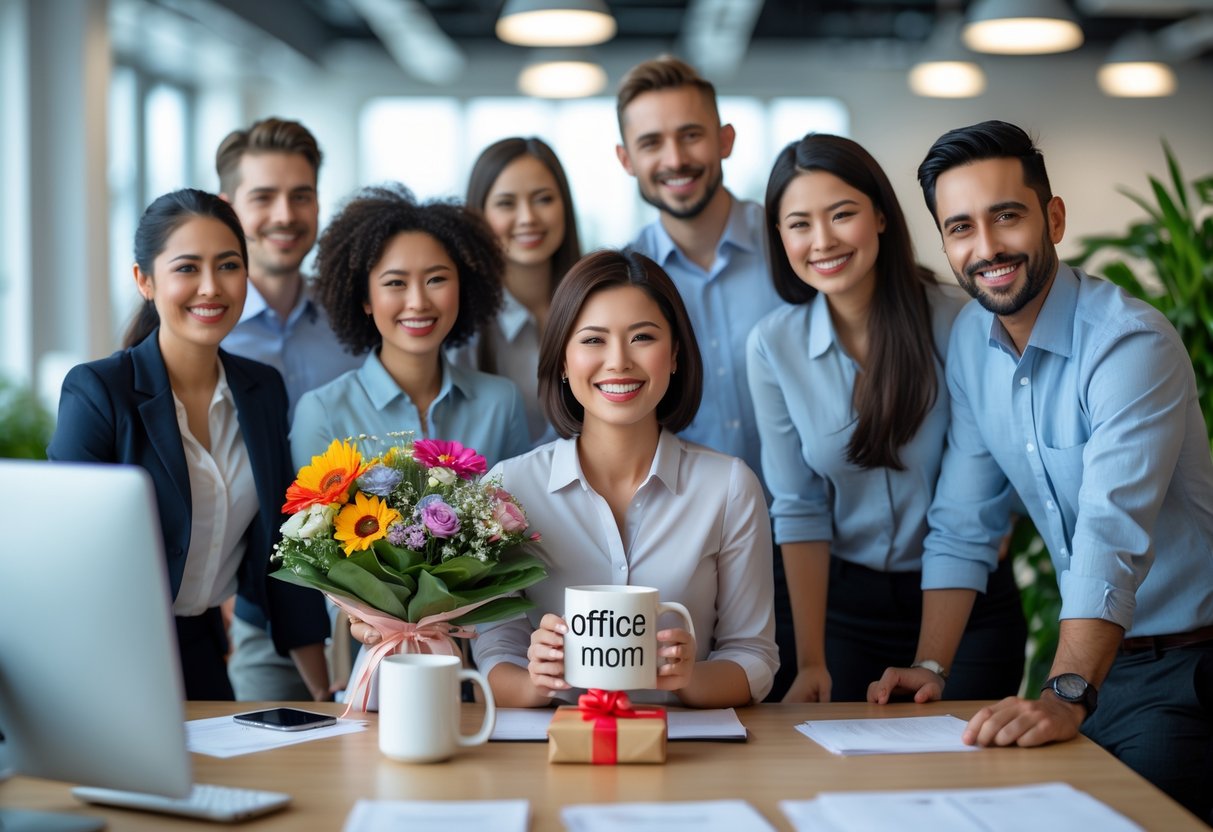 A group of coworkers in an office happily celebrating a woman with gifts, showing appreciation and friendship.