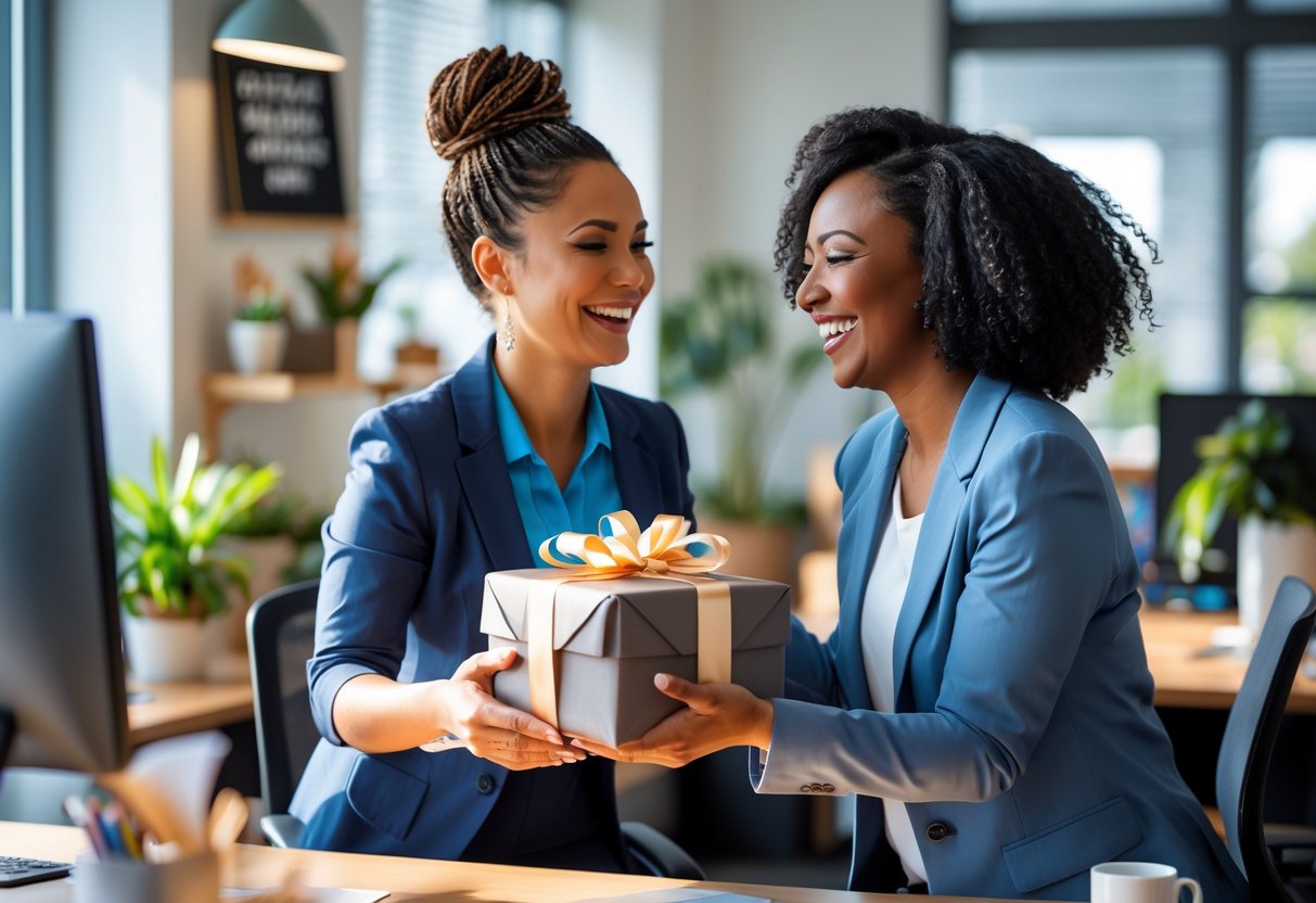 Two female colleagues in an office, one giving a wrapped gift to the other who smiles warmly.