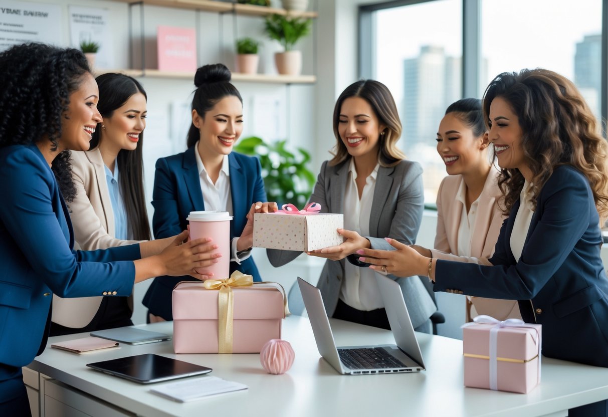 A group of professional women in an office exchanging gifts and smiling, celebrating a busy office mom.