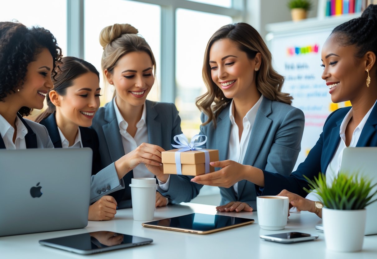 A group of professional women in an office, one woman receiving a tech gift from a colleague, with laptops and office supplies on the desk.