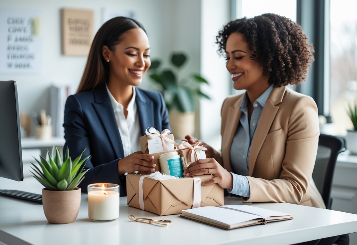 Two professional women in an office exchanging a wellness gift, surrounded by calming self-care items on a desk.
