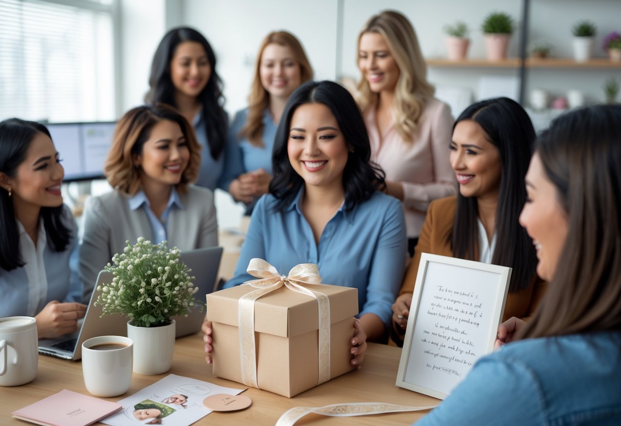 A woman in an office receiving a wrapped gift from coworkers, surrounded by sentimental items and smiling colleagues.