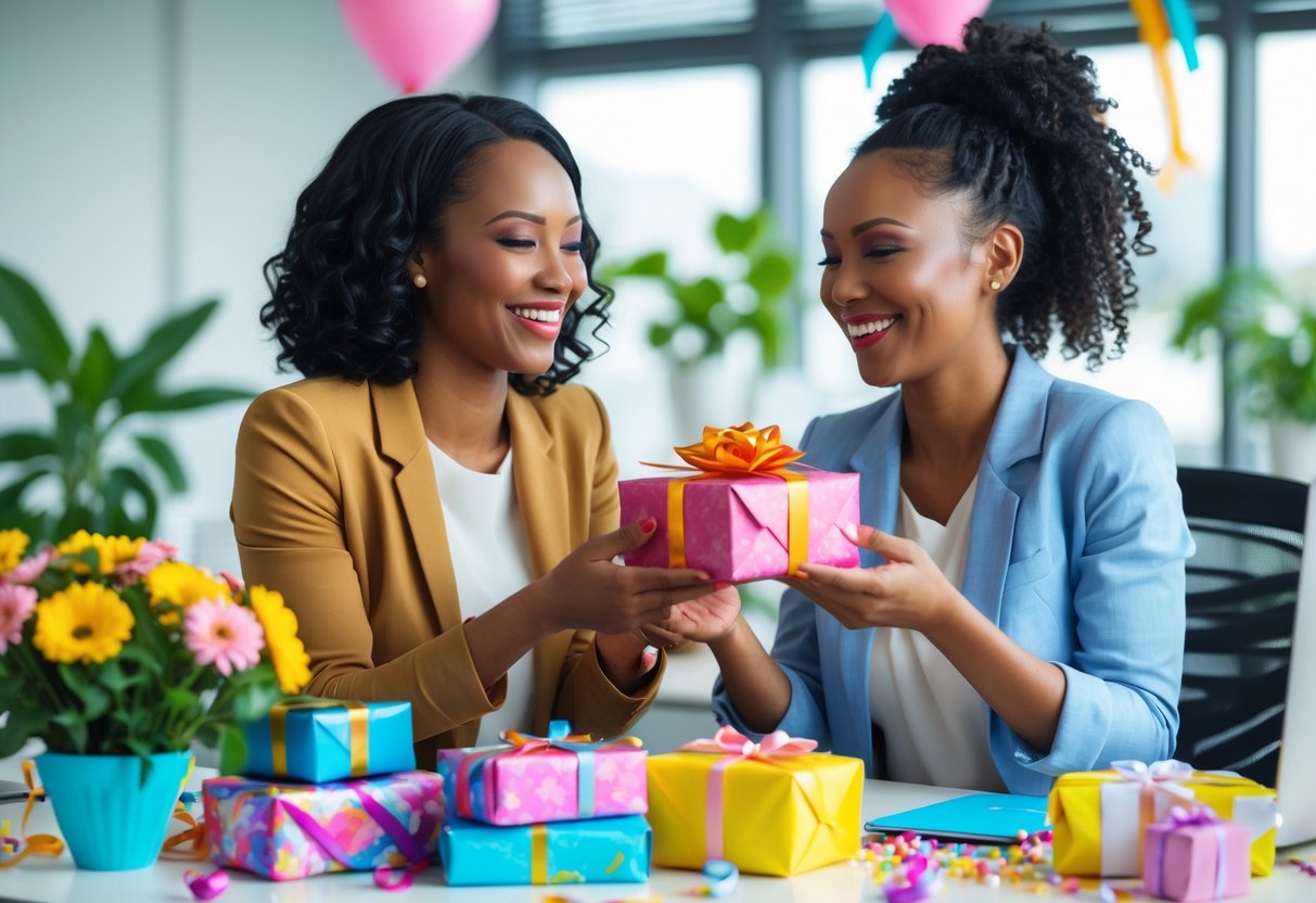 Two female coworkers smiling and exchanging gifts at a decorated office desk with flowers and festive decorations.