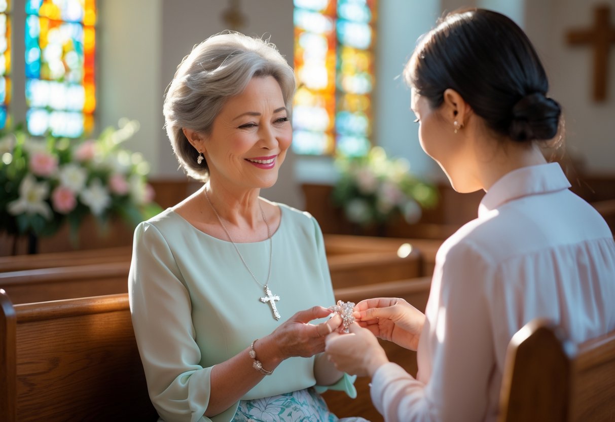 A woman sitting in a church pew receiving a jewelry gift from a younger person, surrounded by stained glass windows and wooden pews.