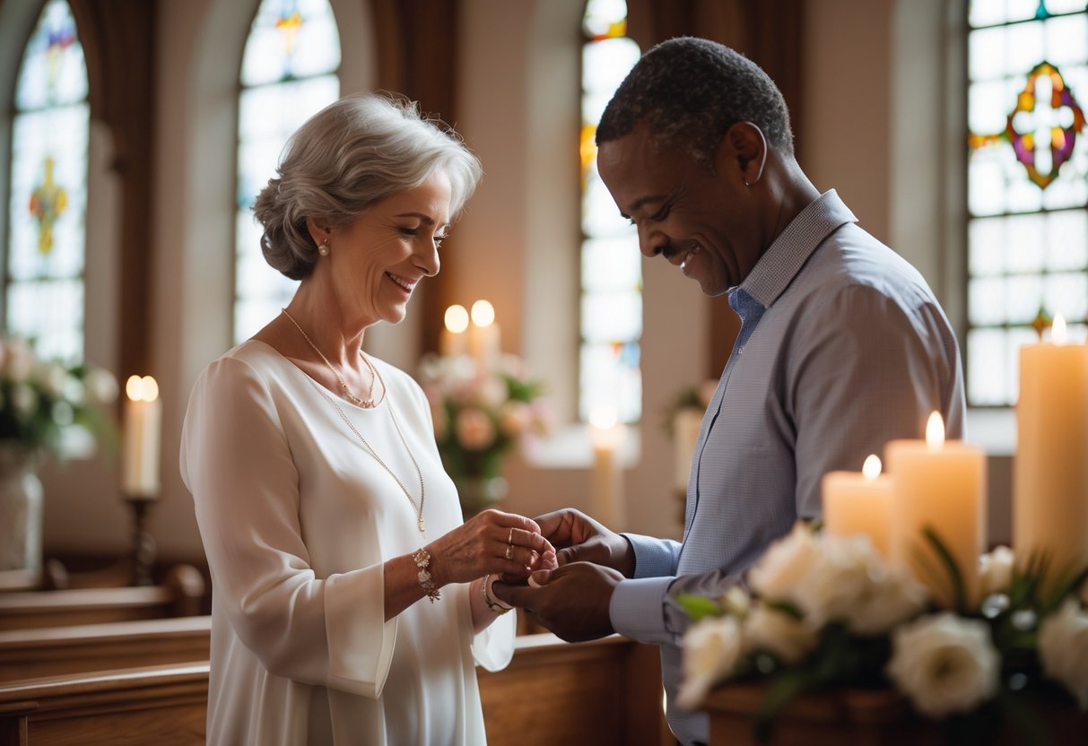 A mature woman in a church receiving a delicate jewelry gift from a loved one, surrounded by soft light and church interior elements.