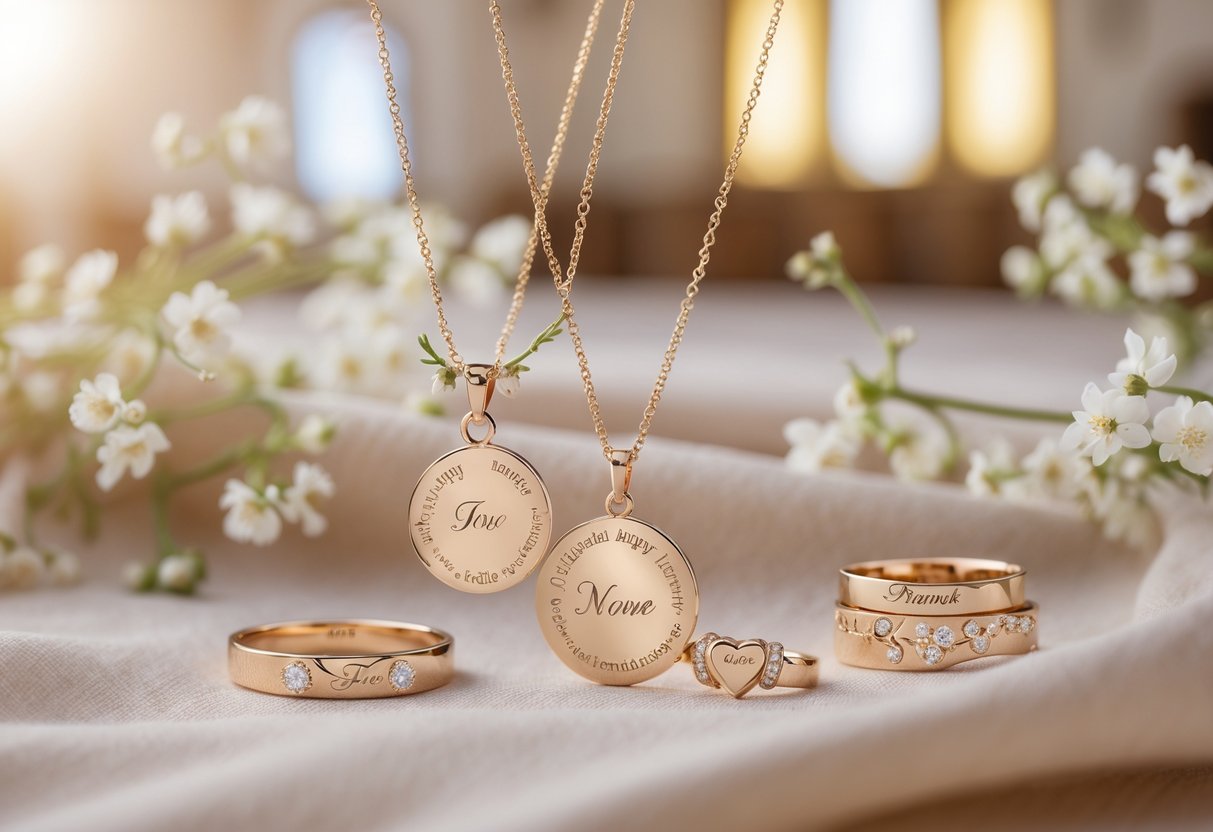 Close-up of personalized jewelry pieces arranged with flowers and a softly blurred church interior in the background.