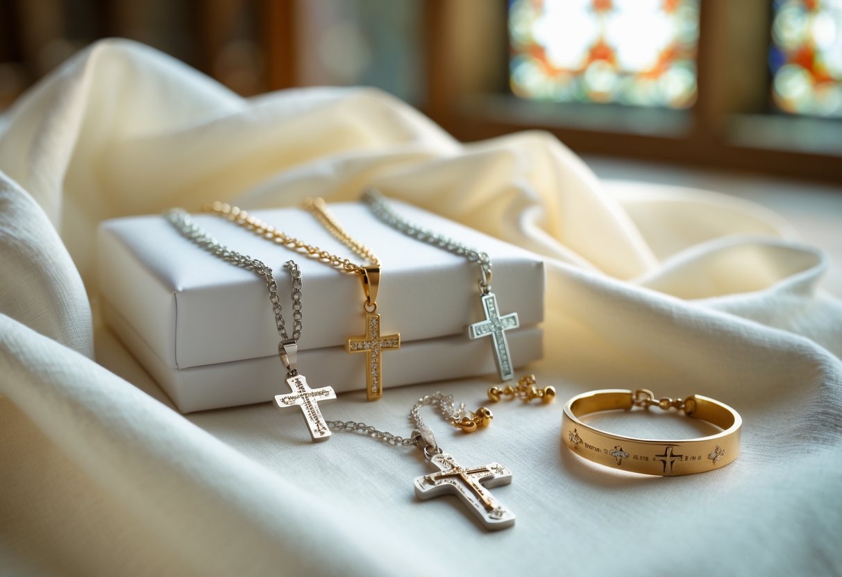 A close-up of faith-inspired jewelry including cross necklaces, earrings, and a bracelet arranged on a white cloth with soft natural light and a blurred church interior in the background.