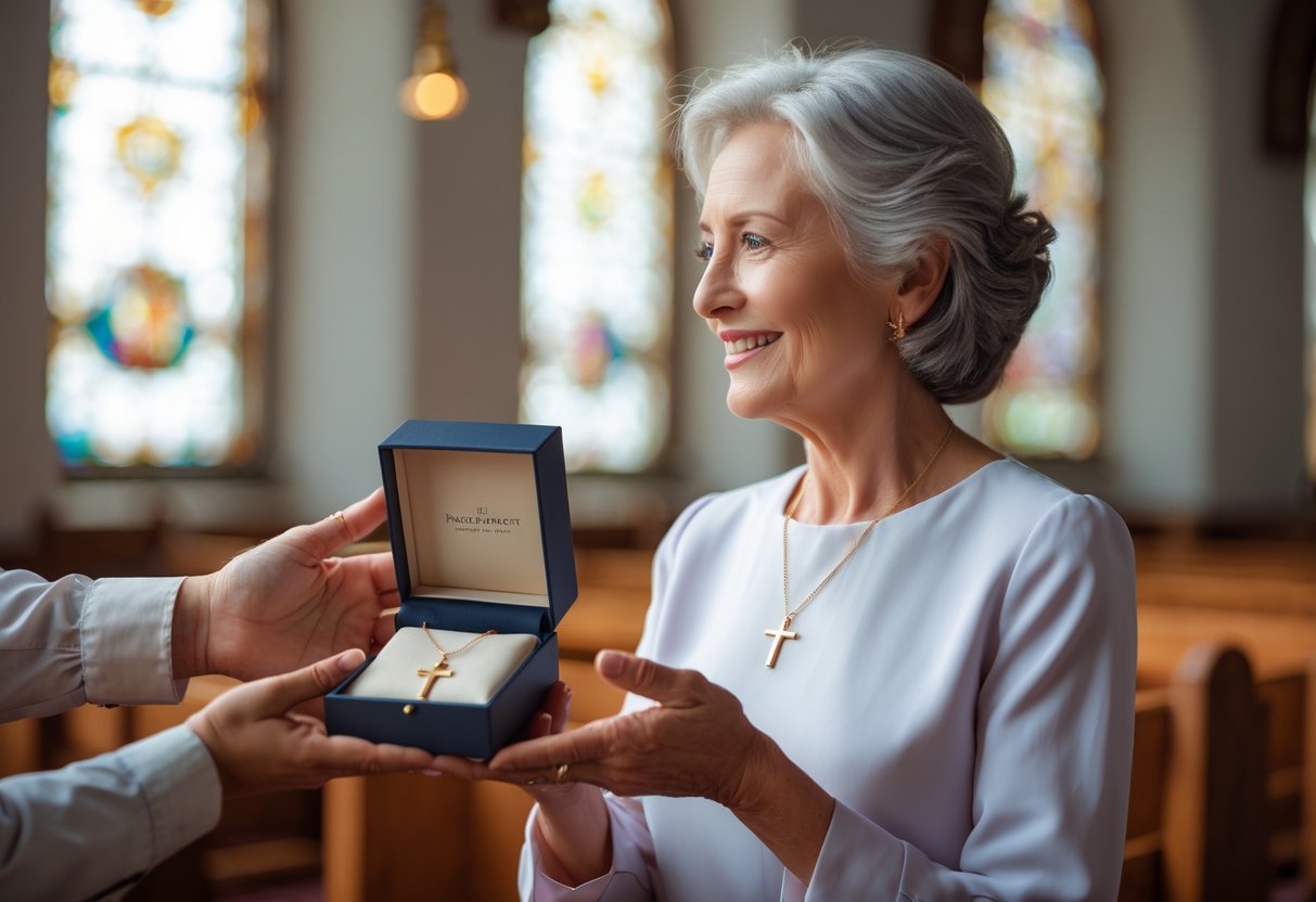 A mature woman at church receiving a gold cross necklace as a gift from an adult child, both smiling warmly.
