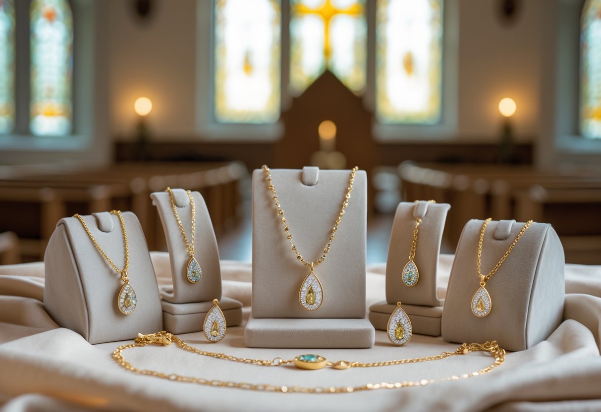 Coordinated jewelry sets including necklaces, bracelets, and earrings displayed on fabric with a softly blurred church interior in the background.