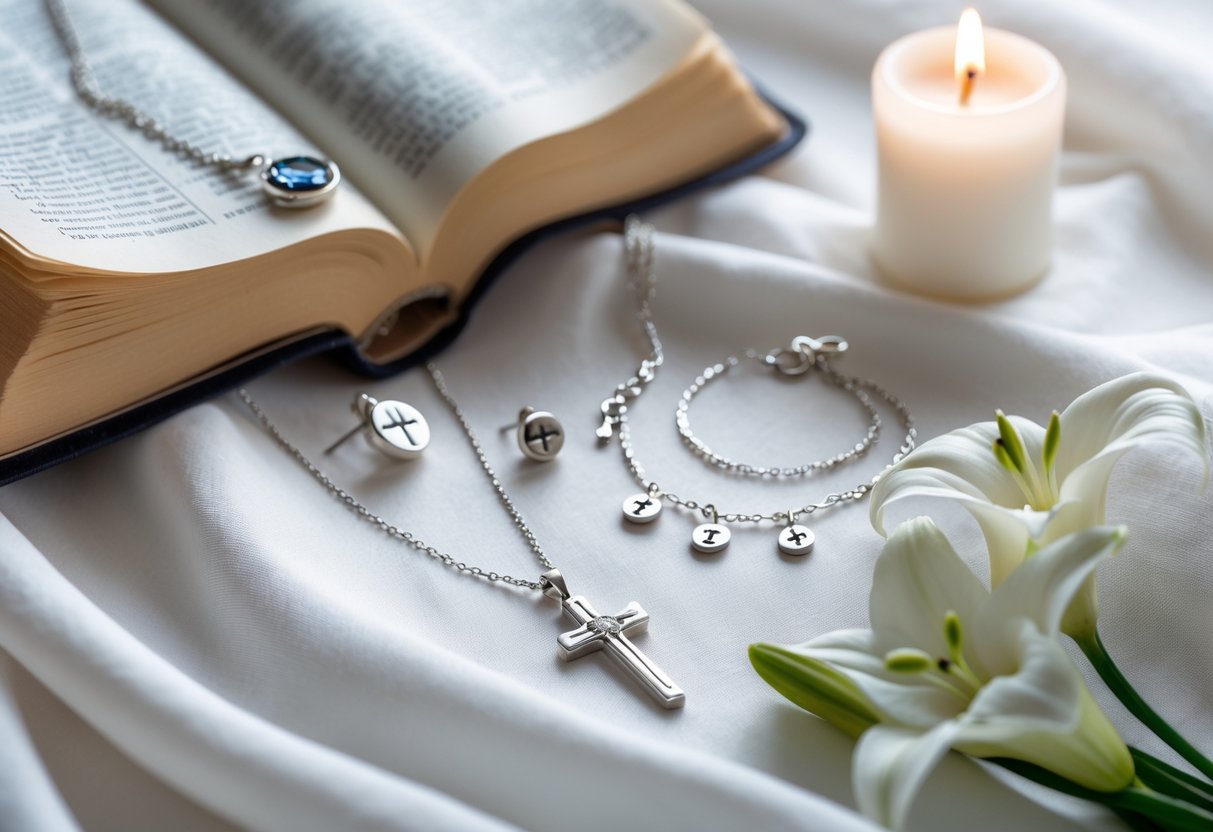 A collection of elegant jewelry including a silver cross necklace, charm bracelet, and stud earrings displayed with a Bible, candle, and white lilies.