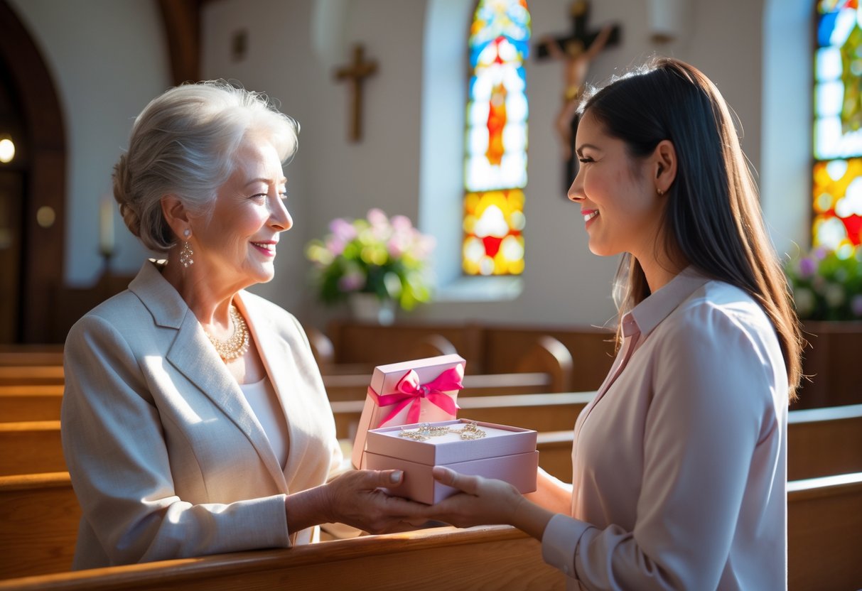 A mature woman at church receiving a jewelry gift box from a younger woman, both smiling warmly inside a bright church with stained glass windows.