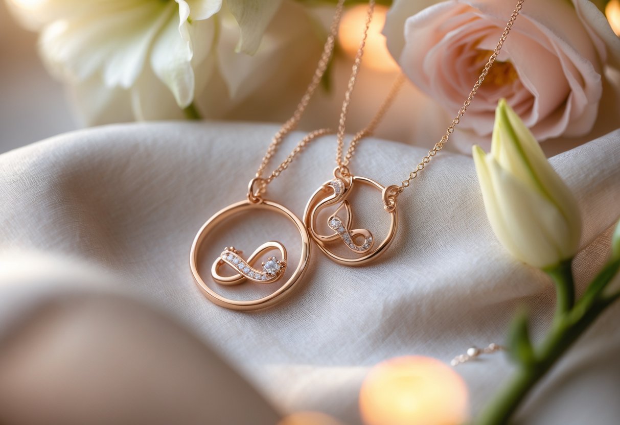 Two delicate keepsake necklaces on soft fabric surrounded by flowers, symbolizing a loving bond between cousins who are mothers.