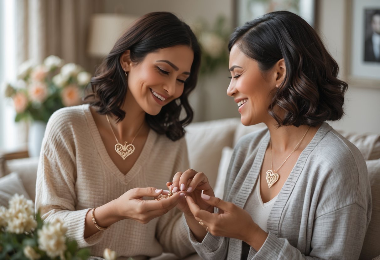 Two women sharing a warm moment as one gives the other a delicate piece of keepsake jewelry in a cozy living room.