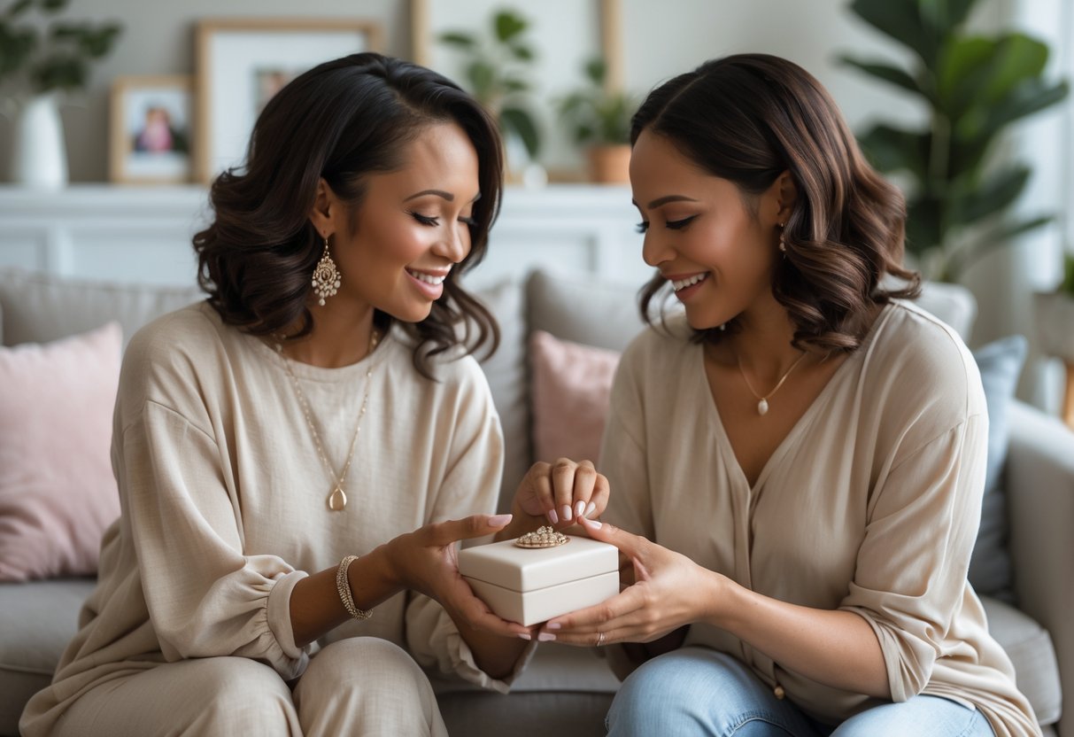 Two women sharing a warm moment as one gives the other a small jewelry box in a cozy living room.