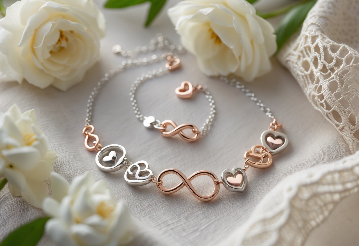 Close-up of elegant necklace and bracelet with heart and floral designs resting on soft fabric with white flowers nearby.
