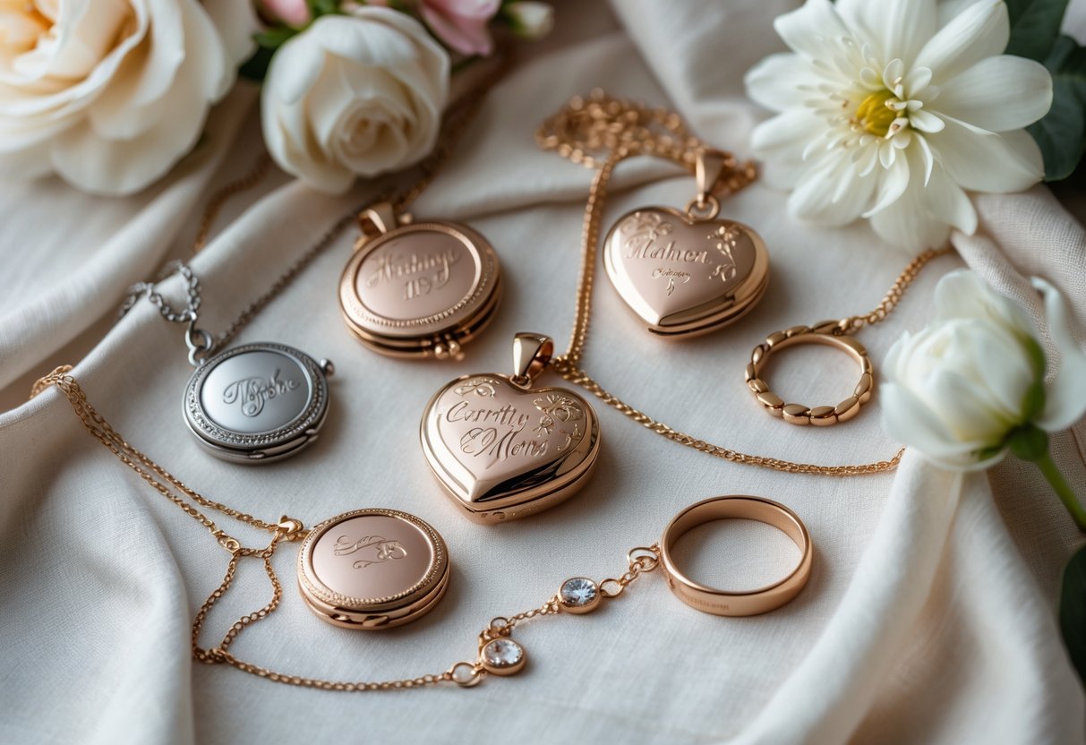 A collection of delicate keepsake jewelry including lockets, bracelets, and rings arranged with flowers on a soft fabric background.