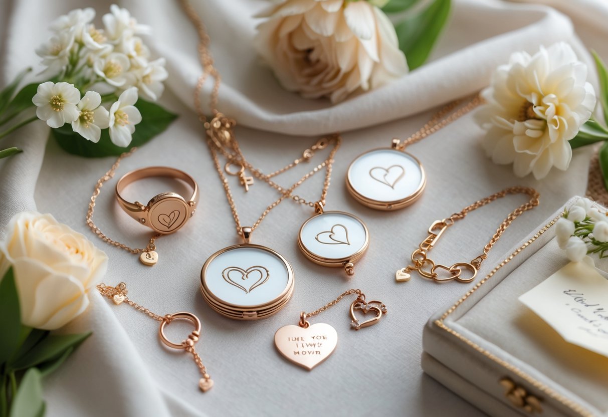 Close-up of personalized keepsake jewelry including lockets and bracelets displayed on soft fabric with flowers and a jewelry box.