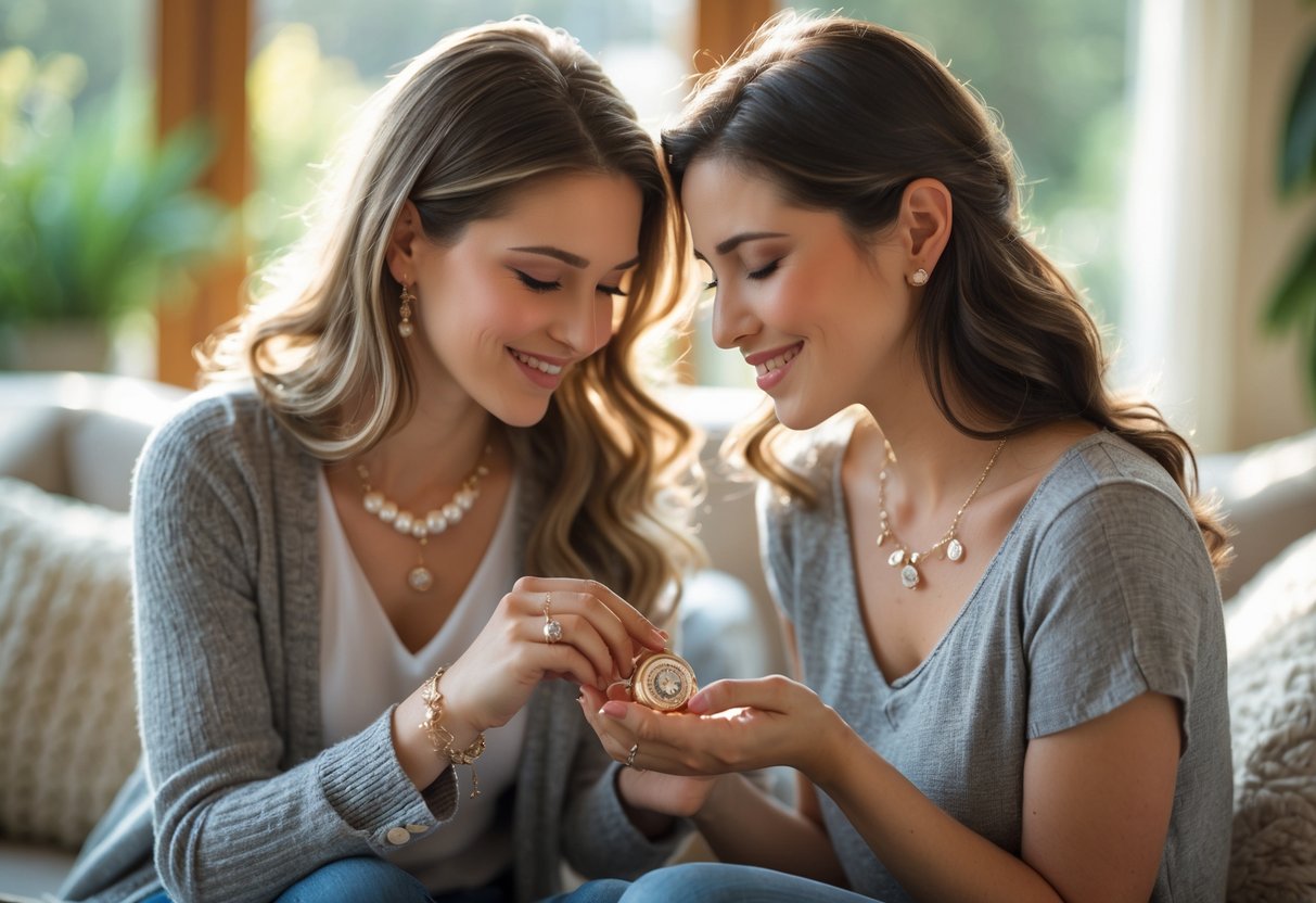 Two women sharing a tender moment as one gives the other a delicate piece of jewelry, symbolizing family and love.